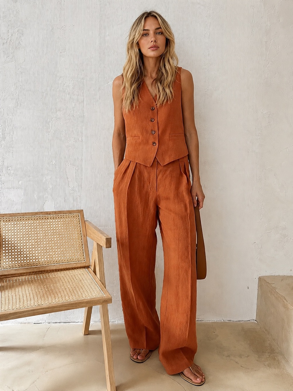 Commense Wide-Leg Linen-Blend Pants in Rust